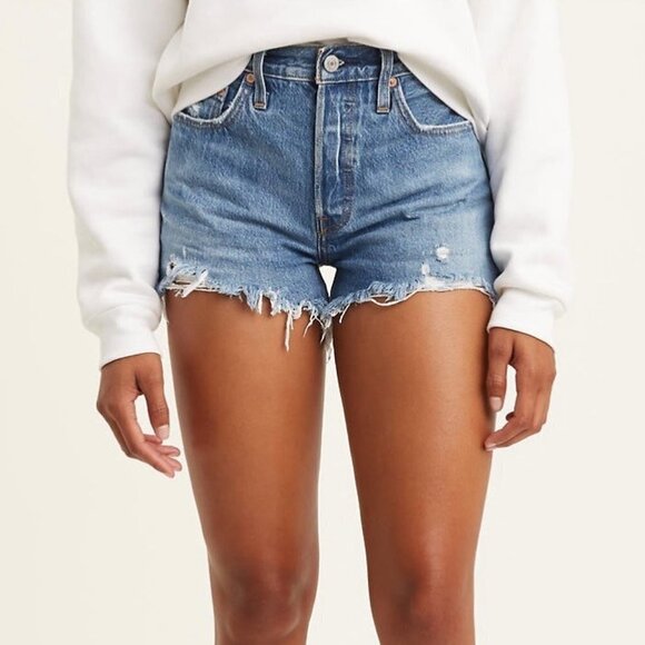 Levi's 501 Premium High Rise cut out shorts Size 32 Distressed Button Fly - Picture 1 of 12